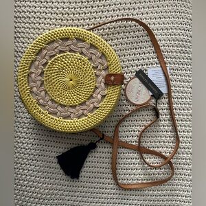 NEW Indonesian Handwoven Rattan & Leather Crossbody Bag 2.5”x8”,  50” Strap Boho